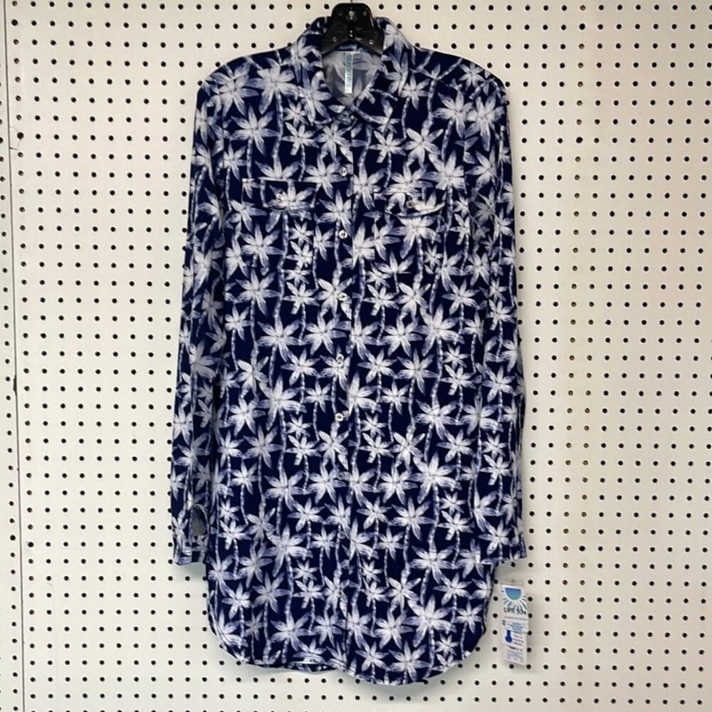 BEACHTIME by Lulu-B Navy & White Palm Tree Long Sleeve Collared Button Up Dress